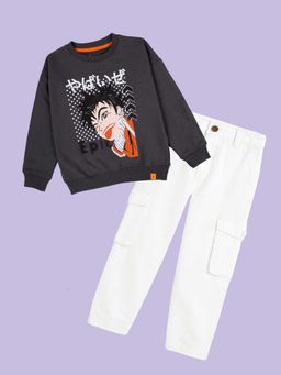 KiddoPanti - Grey Printed Sweatshirt with Denim Straight Fit Pant