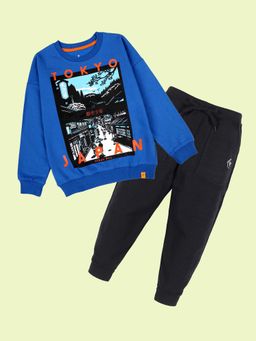 KiddoPanti - Blue Tokyo Japan Cityscape Print Sweatshirt with Joggers