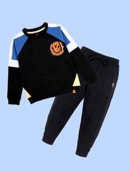 KiddoPanti - Black Cut and Sew Smiley Print Sweatshirt with Joggers