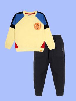 KiddoPanti - Yellow Cut and Sew Smiley Print Sweatshirt with Joggers