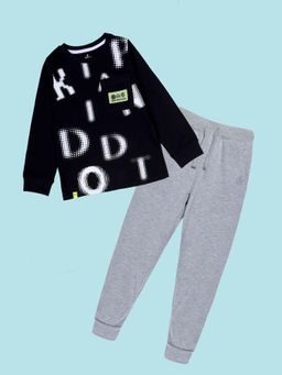 KiddoPanti - Black Cotton Printed T-Shirt with Solid Joggers