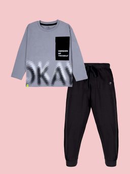KiddoPanti - Grey Cotton Printed Drop Shoulder T-Shirt with Joggers