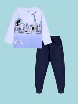KiddoPanti - Blue Cotton Printed T-Shirt with Joggers