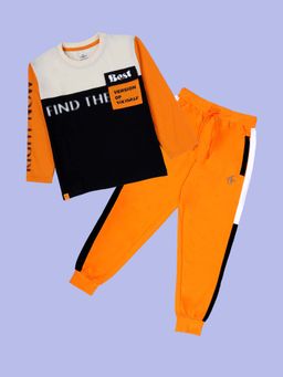 KiddoPanti - Orange Cotton Printed Sweatshirt with Joggers