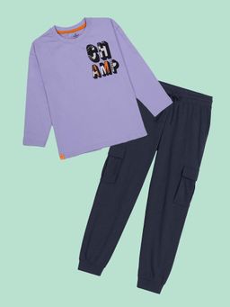 KiddoPanti - Lavender Cotton Printed T-Shirt with Cargo Joggers