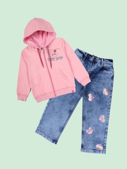 KiddoPanti - Girls Graphic Printed Hoodie with Straight Fit Jeans