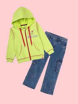 KiddoPanti - Girls Graphic Printed Zip-Up Hoodie with Jeans