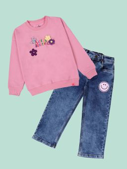KiddoPanti - Girls Printed Sweatshirt with Straight Fit Jeans