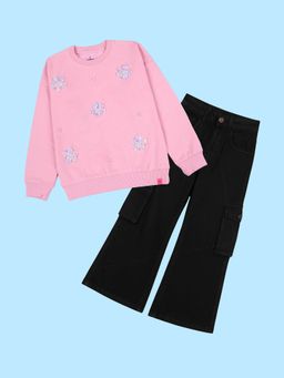 KiddoPanti - Girls Sweatshirt with Beads and Flowers Cargo Pant