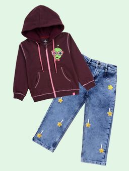 KiddoPanti - Girls Wine Hooded Sweatshirt with Straight Fit Jeans