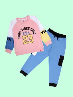 KiddoPanti - Girls Pink Colorblock Sweatshirt with Cargo Joggers