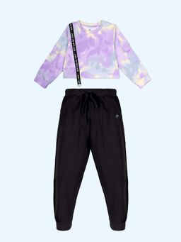 KiddoPanti - Girls Lavender Cotton Tie and Dye T-Shirt with Joggers