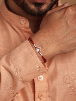Ornate Jewels - 925 Silver Rhodium Plated Flower Thread Rakhi With Roli Chawal