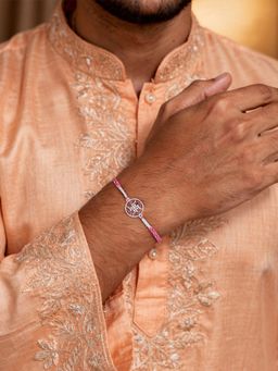 Ornate Jewels - 925 Silver Rhodium Plated Red Ruby Swastik Thread Rakhi With Roli Chawal