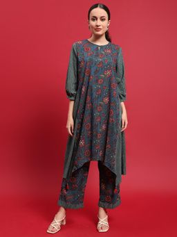 Shree - Cotton Blue Floral Print Kurta and Pant (Set of 2)
