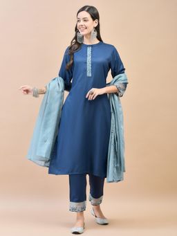 Shree - Viscose Navy Blue Embroidered Kurta and Pant with Dupatta (Set of 3)