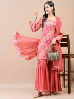 Shree - Chinon Red Floral Print Kurta and Sharara with Dupatta (Set of 3)