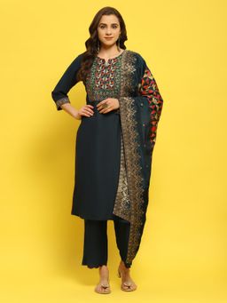 Shree - Poly Viscose Dark Green Embroidered Kurta and Pant with Dupatta (Set of 3)