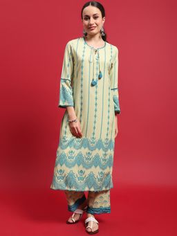 Shree - Liva Rayon Green Ornamental Print Kurta and Pant (Set of 2)
