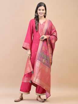 Shree - Silk Fuchsia Jacquard Kurta and Pant with Dupatta (Set of 3)