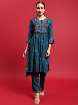 Shree - Liva Rayon Blue Geometric Print Kurta and Pant (Set of 2)