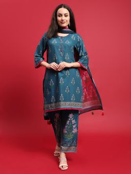 Shree - Cotton Blue Ornamental Print Kurta and Pant with Dupatta (Set of 3)