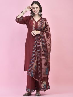 Shree - Poly Viscose Maroon Embroidered Kurta and Pant with Dupatta (Set of 3)