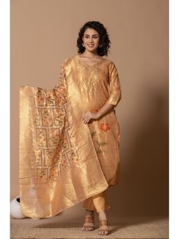 Do Dhaage - Jacquard Floral Printed Mustard Kurta and Pant with Dupatta (Set of 3)