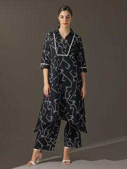 Dora Dori - Abstract Printed Black Pure Cotton Thread Work Kurta and Pant (Set of 2)