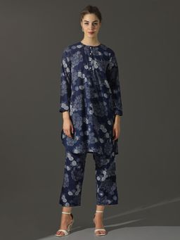 Dora Dori - Floral Navy Blue Printed Pure Cotton Straight Kurta and Pant (Set of 2)