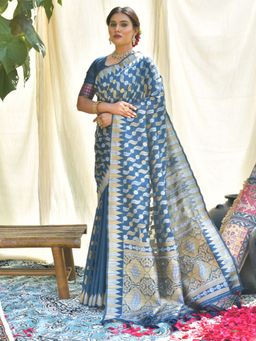 Odette - Blue Tussar Silk Heavy Jamdani Saree with Unstitched Blouse
