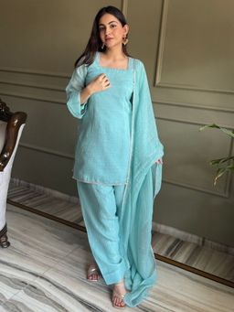 Odette - Blue Silk Solid Kurta and Pant with Dupatta