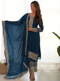 Odette - Teal Silk Anarkali Kurta and Pant with Dupatta