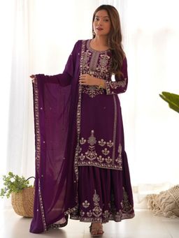 Odette - Purple Silk Kurta Sharara with Dupatta