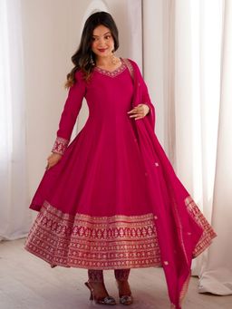 Odette - Pink Silk Anarkali Kurta and Pant with Dupatta