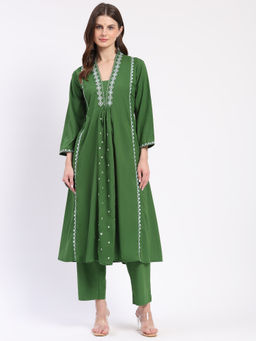 ME & I - Green Cotton V-Neck Straight Kurta with Pant