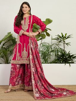 Miss Ethnik - Red Chinon Kurta Palazzo with Dupatta