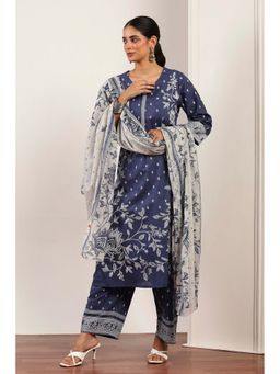 Rangriti - Women Blue Cotton Kurta Palazzo with Dupatta