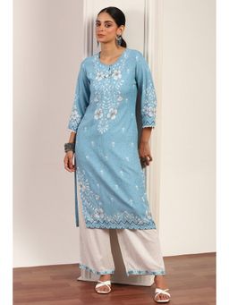 Rangriti - Women Blue Straight Kurta with Palazzo
