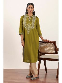 Rangriti - Women Green Polyester Straight Kurta with Pant