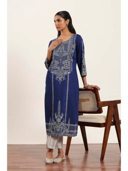 Rangriti - Women Blue Polyester Straight Kurta with Pant