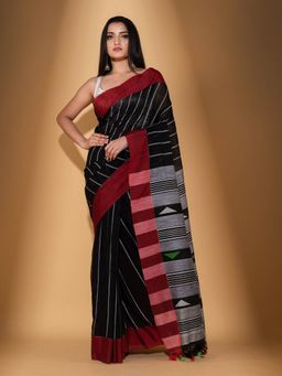 Beatitude - Black Handspun Cotton Woven Saree with Unstitched Blouse