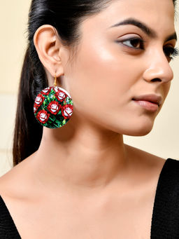 Silvermerc Designs - Red Rose Patterned Round Dangle Earrings