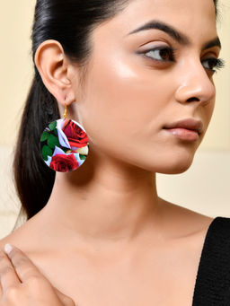 Silvermerc Designs - Red and White Roses Floral Print Round Earrings