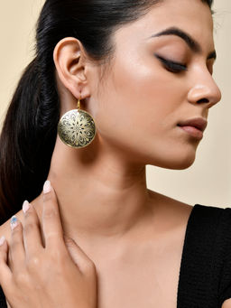 Silvermerc Designs - Black and Gold Mandala Patterned Round Earrings