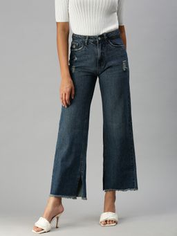 SHOWOFFFF - Women Mildly Distressed Blue Wide Leg Denim Jeans