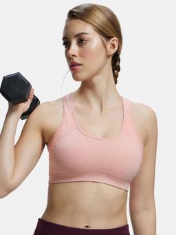 Jockey - 1380 Wirefree Padded Cotton Elastane Active Bra-Desert Flower Melange & Coral (3XL)