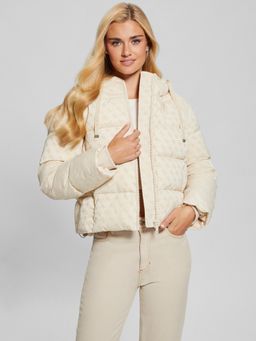 Guess - Peony Logo Off White Pearl Hooded Printed Jacket