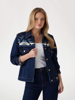 Guess - Mode Tribe Collar Neck Self Design Blue Denim Jacket