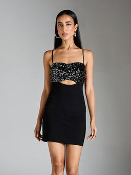 RSVP by Nykaa Fashion - Black And Silver Sequin Cut Out Strappy Mini Bodycon Dress
